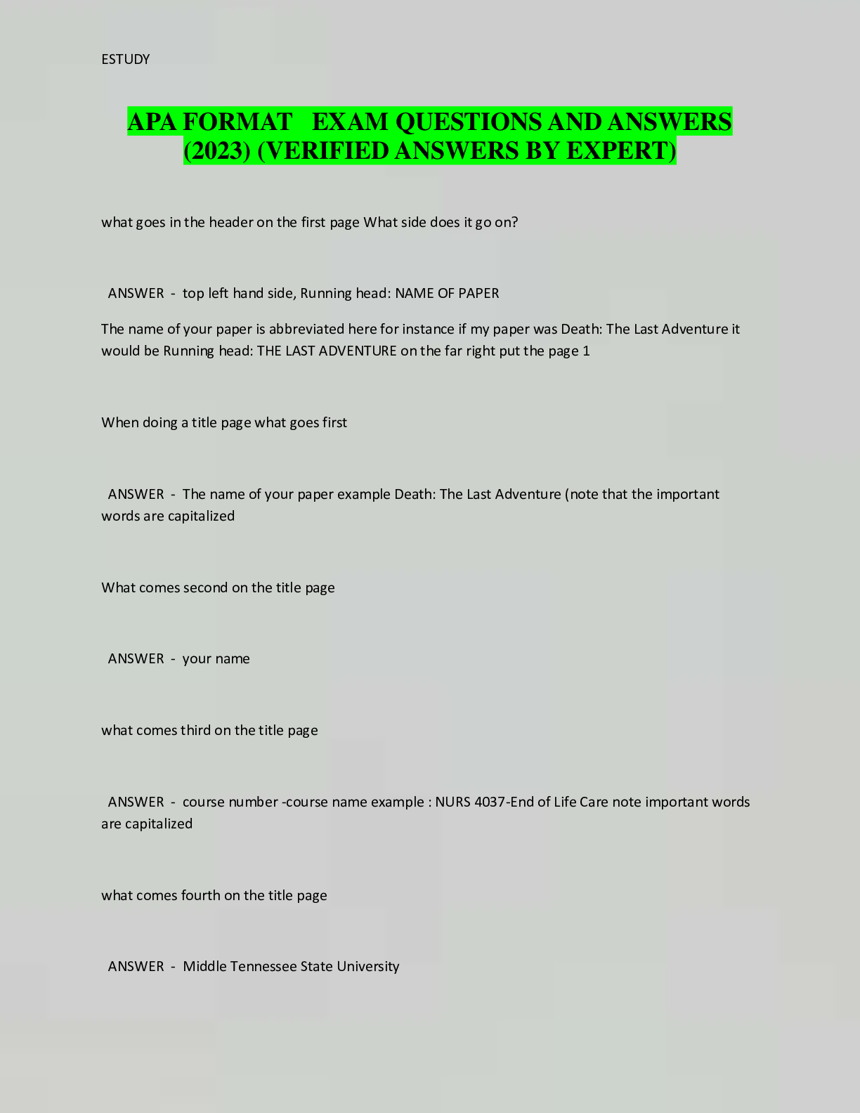 Preview image for APA FORMAT EXAM QUESTIONS AND ANSWERS  (2023) (VERIFIED ANSWERS BY EXPERT)